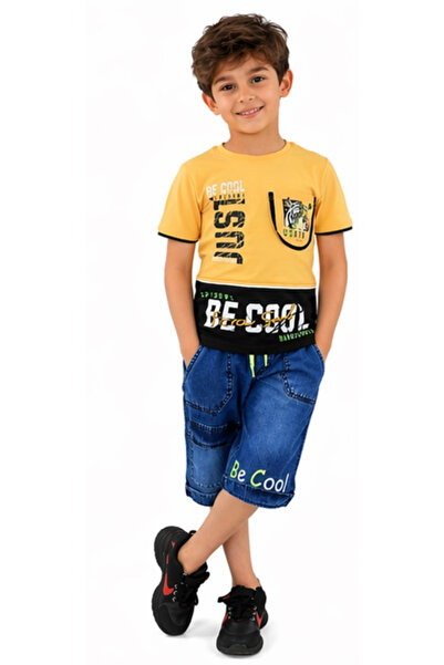 İrem Çocuk Giyim Boy's Be Cool Text Patterned T-Shirt and Denim Shorts Yellow...