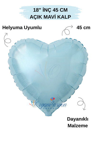 Organizasyon Pazarı 18 inç 45cm Açık Mavi Kalp Folyo Balon | Helyum Uyumlu