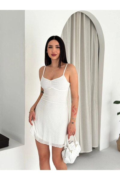 SERERO VOGUE Kadın Askılı Mini Elbise Drapeli Göğüs Detay Likralı Yazlık Fit ...