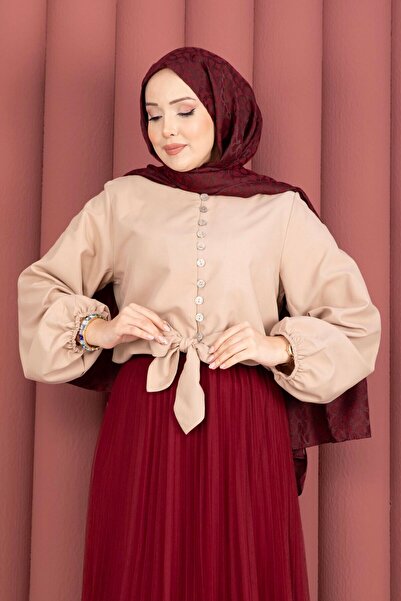 KEVRA Buttoned Front Tunic with Tie Detail - Balloon Sleeve Seasonal Hijab Bl...