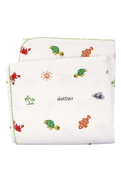 bebegen Unisex Ecru Green Ribbed Turtle Crab Patterned Pique Muslin Blanket 1...