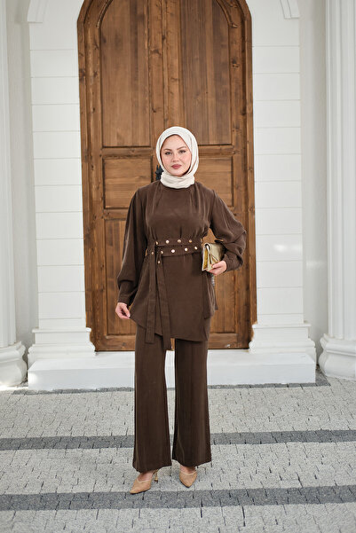 LOCCO Γυναικείο χρυσό κοστούμι παντελόνι με ζώνη καφέ