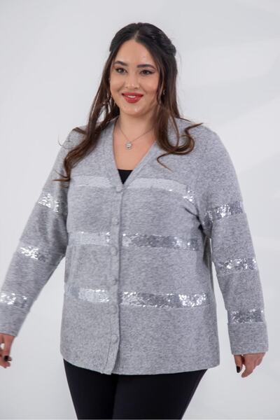 Roxxlen Γυναικεία ζακέτα μεγάλου μεγέθους με λεπτομέρειες από παγιέτες σε γκρ...
