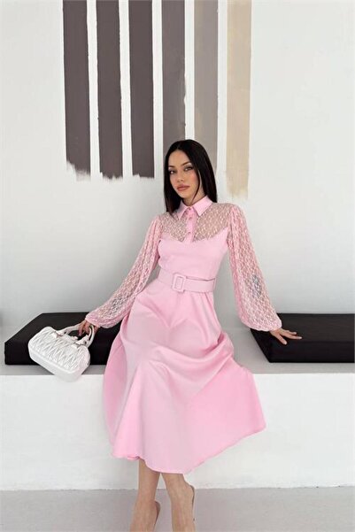 Neşeli Butik Γυναικείο ροζ πουκάμισο με γιακά, διαφανές τοπ, με λεπτομέρεια ζ...