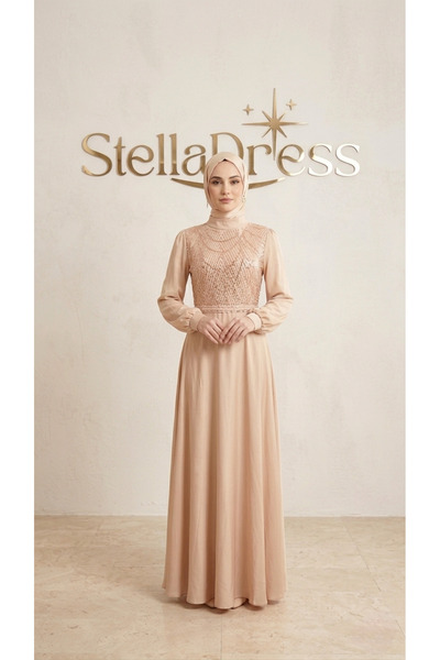 StellaDress Bej Payet İşlemeli Tesettür Abiye Elbise
