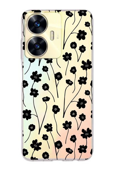 FLAMENKO Realme C55 Compatible Black Floral Pattern Transparent Phone Case