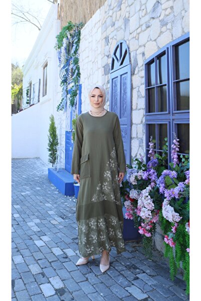 MODAMÜNASİP Υπέροχο λινό φόρεμα με ένα τσεπάκι και λεπτομέρεια λουλουδιών, 10...