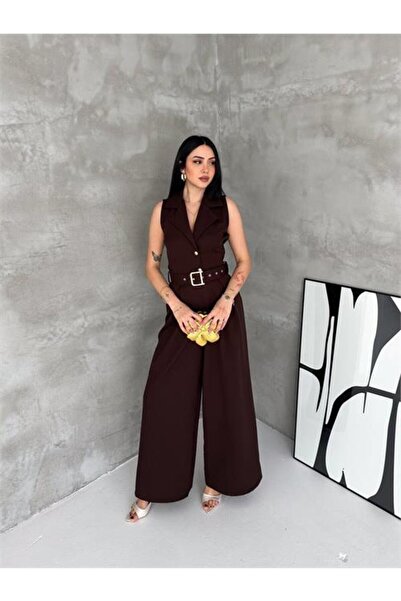 Neşeli Butik Γυναικεία μάξι ολόσωμη φόρμα σε καφέ χρώμα με λεπτομέρεια κουμπι...