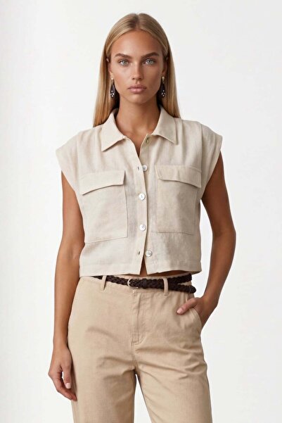 Trend Alaçatı Stili Μπεζ αμάνικο λινό πουκάμισο premium με διπλές τσέπες και ...