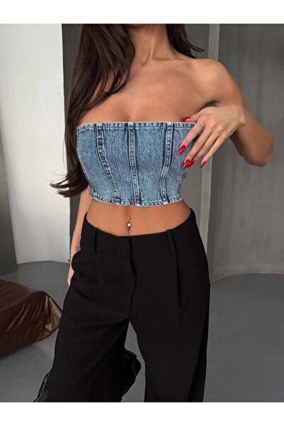 HerTon Bustieră din denim fără bretele pentru femei, 100% bumbac