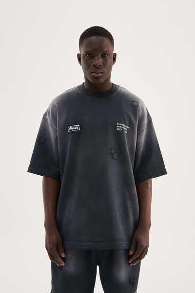 Machinist Erkek Minimal Patch Yıkamalı Oversize Tişört Siyah