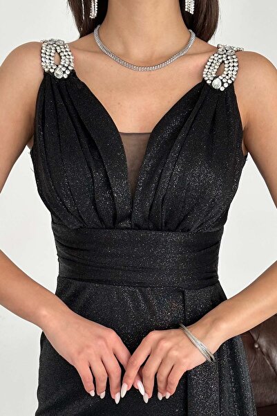 XXL BUTİK Γυναικείο Μαύρο Ασημί Υφασμάτινο Βραδινό Φόρεμα Μεγάλου Μεγέθους ES...