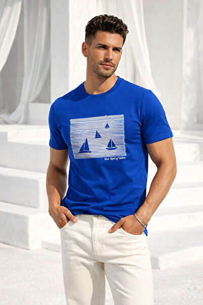 Rich Men's Saks Blue Cotton Short Sleeve Crew Neck Basic T-Shirt