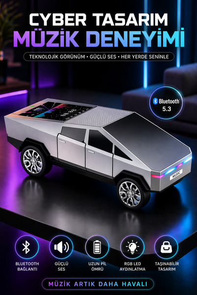 Divex CyberTruck Araba Bluetooth Hoparlör | RGB LED Ekranlı, Güçlü Ses, FM Ra...