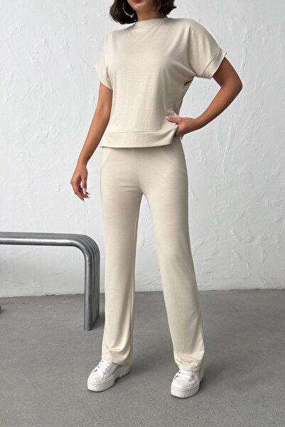 NEW JOURNAL Women's Beige Basic Elastic Waist Top and Bottom Set Nj145