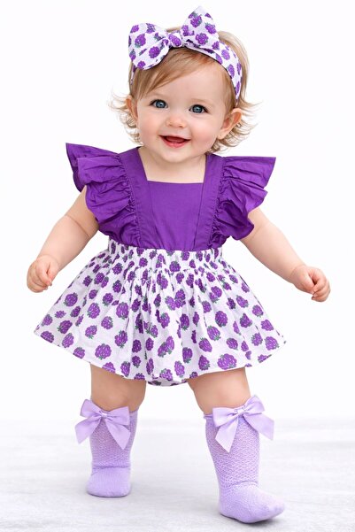 ŞAPKAKİDS Kız Çocuk Böğürtlen Desen Fırfırlı Slopet Bandana Mor File Çorap Set