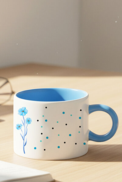 giftkonsept Polka Dot Elegant Floral Printed Blue Mini Mug Teacup with Handle