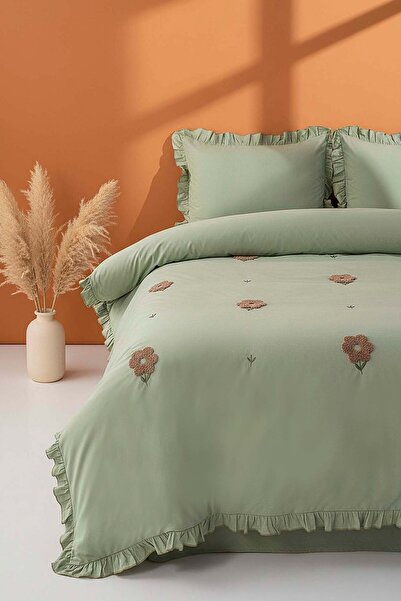 Rivaİstanbul Σετ Παπλωματοθήκης Florita Green Διπλό Κεντημένο από 100% Βαμβάκ...