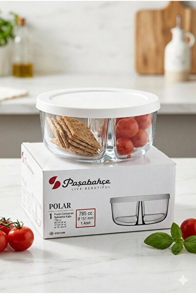 Paşabahçe Polar İkili Bölmeli Cam Saklama Kabı Beyaz Kapaklı 785 cc