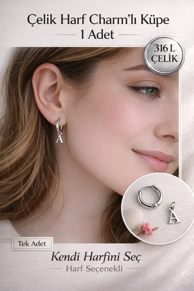 Sacce Scarves&Accessories Kişiye Özel Harf Charm Küpe 316L Çelik Minimal Halk...