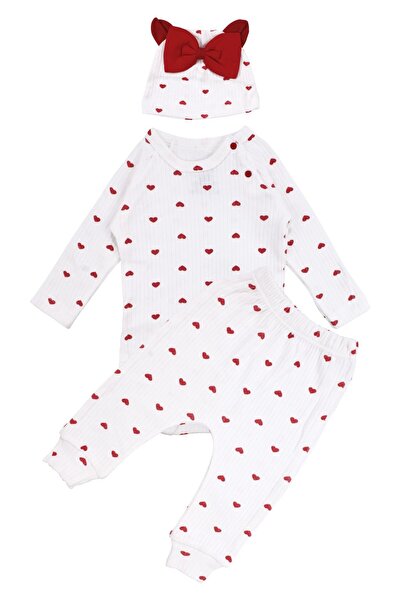 bebegen Baby Girl Ecru Red Heart Patterned Bowknot Beret Bodysuit Set