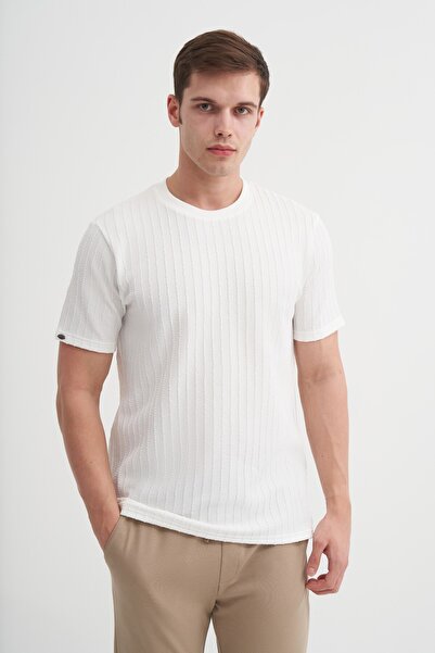 Cazador Ανδρικό μπλουζάκι με πλεκτό σχέδιο με λαιμόκοψη 40510 Λευκό