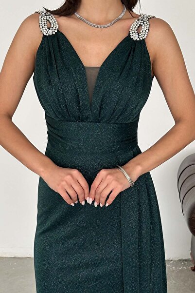 XXL BUTİK Γυναικείο βραδινό φόρεμα από ύφασμα σμαραγδί πράσινο γκλίτερ μεγάλο...