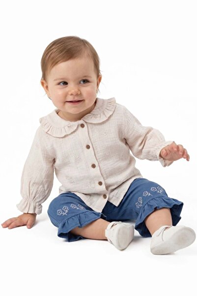 bebegen Baby Girl Ecru Muslin Shirt and Blue Ruffle Pants 2-Piece Luxury Set