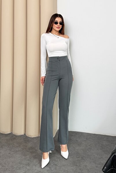 COMEOR Γυναικείο παντελόνι παλάτσο με ψηλόμεσο κουμπί και φερμουάρ, από λύκρα...