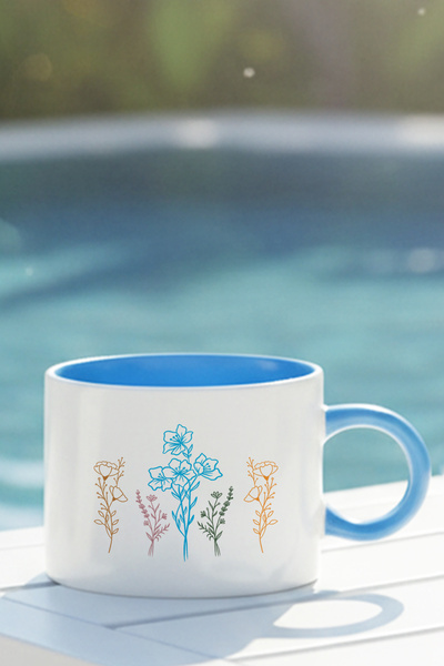 giftkonsept Colorful Wild Flowers Printed Blue Handle Mini Mug Teacup
