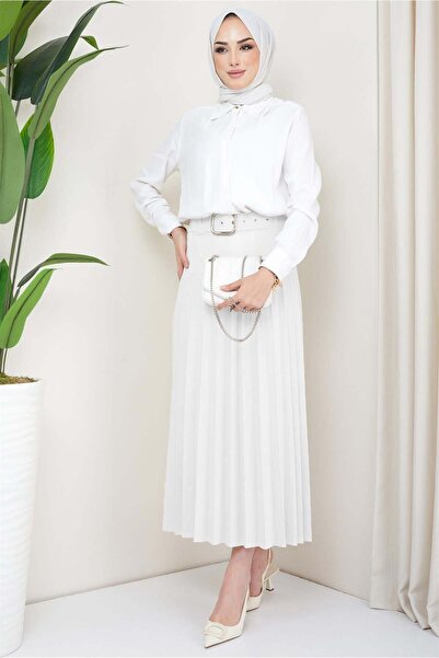 hafsamina Φούστα με ζώνη και πιέτες Λευκή HM2104