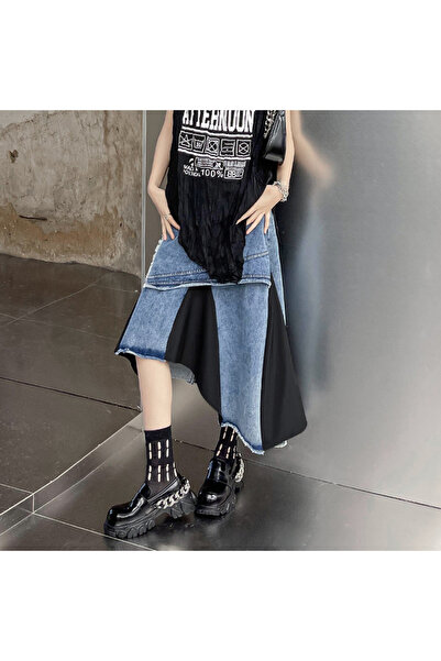 Zaghou High-Waisted Denim Skirt with Irregular Patchwork and Contrasting Colors