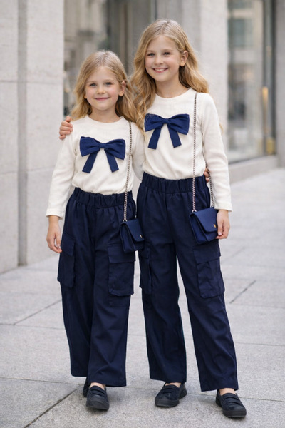 Womi Kids Girl's Bowknot Detailed Bady & Cargo Pocket Knee Pleat Detailed Wid...