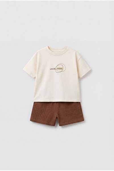 Magu Unisex Bebek Pamuklu Ekru Logo Baskılı Tişört Şort Takım