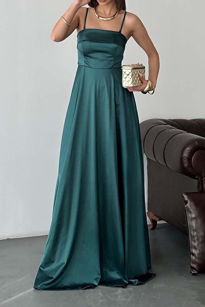 XXL BUTİK Γυναικείο Σμαραγδί Πράσινο Σατέν Φόρεμα με Τιράντες σε Μάξι Μήκος κ...