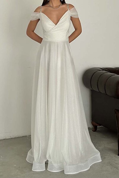 XXL BUTİK Γυναικείο Λευκό Λαμπερό Βραδινό Φόρεμα με Λεπτομέρεια στους Ώμους σ...