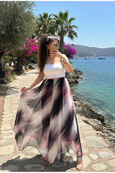 AZRA BUTİK Φούστα σιφόν με λευκό σχέδιο που διασταυρώνεται στον ώμο