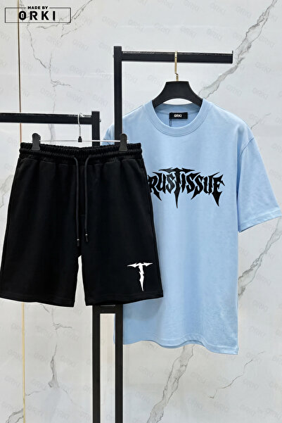 EFFRENATU Set de tricou albastru deschis și pantaloni scurți negri pentru băr...