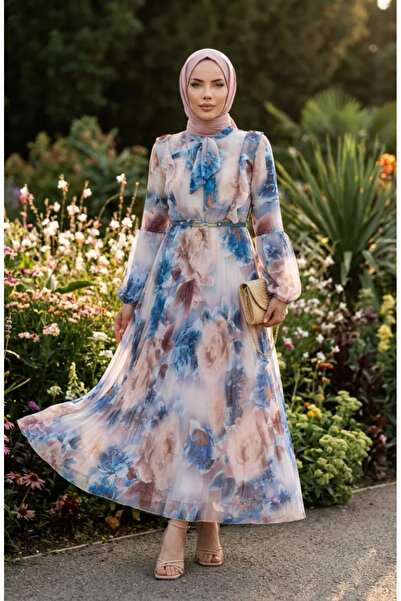 sefamerve Φόρεμα σιφόν με φλοράλ σχέδιο 50001-04 Μπλε