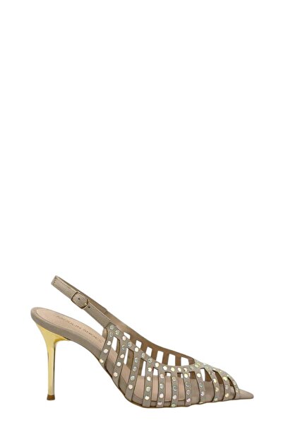 Moulin Shoes حذاء نسائي بكعب من الجلد السويدي البيج مطبوع عليه حجر