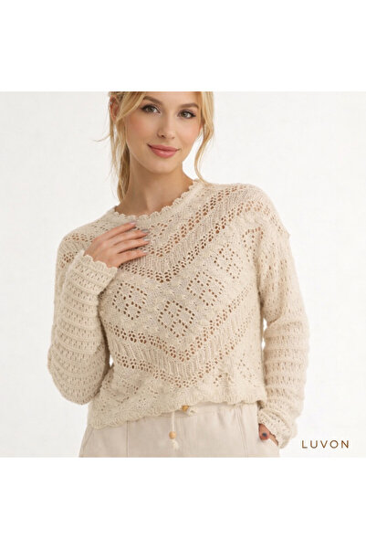 LUVON Μπεζ Ανάγλυφο Με σχέδιο δαντελωτή πλέξη ελαφρύ Γυναικεία Βαμβάκι Μπλούζα