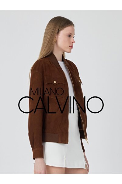 Milano Calvino جاكيت فارسيتي من جلد الغزال الأصلي - بني كونياك