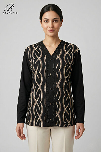 Ravencia Women's V-Neck Line Pattern Printed Glittery Stone Lycra Mother Comb...