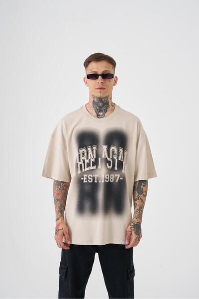 Machinist Ανδρικό μπλουζάκι Street Style Oversize σε ανοιχτό μπεζ χρώμα