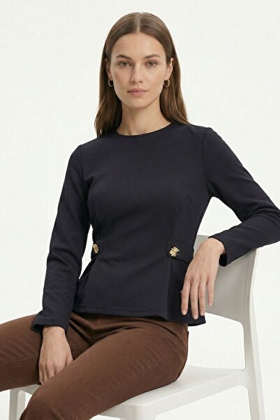 Rays Μαύρη μπλούζα με λαιμόκοψη ποδηλάτου και μακριά μανίκια με κουμπιά 8492A