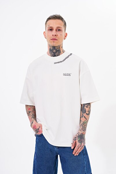 Machinist Ανδρικό Τεχνικό Μπλουζάκι Oversize με Κέντημα Ζιγκ-Ζαγκ, Εκρού