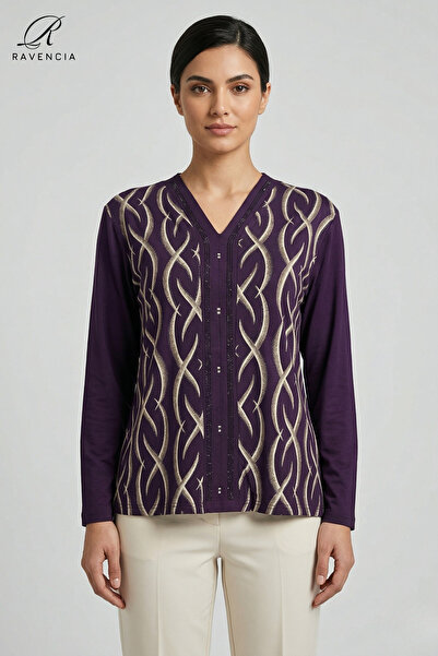 Ravencia Women's V-Neck Line Pattern Printed Glittery Stone Lycra Mother Comb...