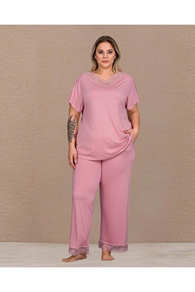 Lady Lingerie Σετ γυναικείες πιτζάμες με κοντό μανίκι και δαντελένιο γιακά σε...