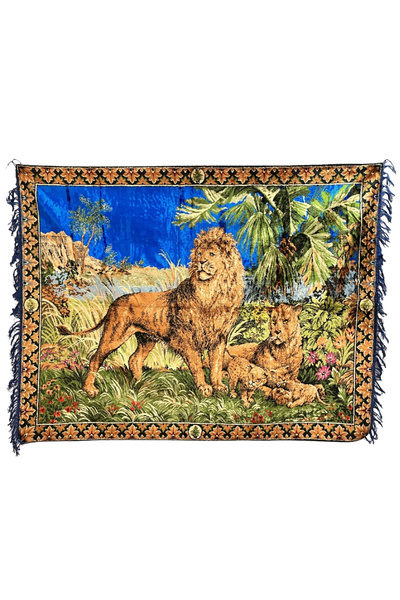 Taşhan Çarşı Antika Aslan Ailesi Motifli Duvar Halısı - 180x120 cm Nadir Parç...
