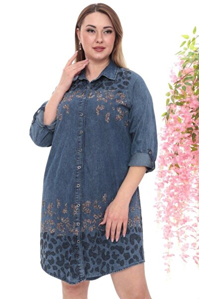 JERFİ Women's Leopard-Detail Stone Printed Denim Mini Dress